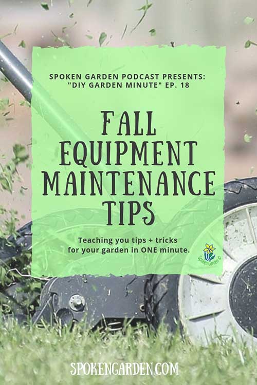 A lawn mower spitting up pieces of freshly mown grass in Spoken Garden's "Fall Equipment Maintenance Tips" podcast advertisement