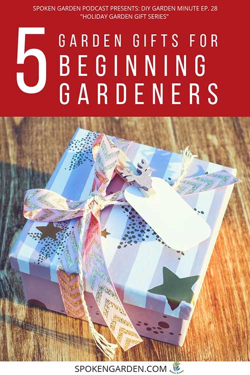 A blue and white striped holiday present in Spoken Garden's "5 Garden Gifts for Beginning Gardeners" podcast advertisement.