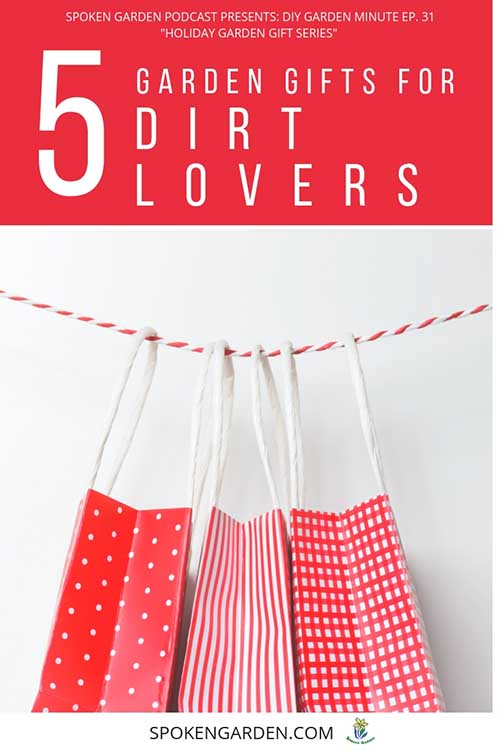 3 red and white holiday gift bags hang from a red and white string in Spoken Garden's "5 Garden Gifts For Dirt Lovers" podcast. 