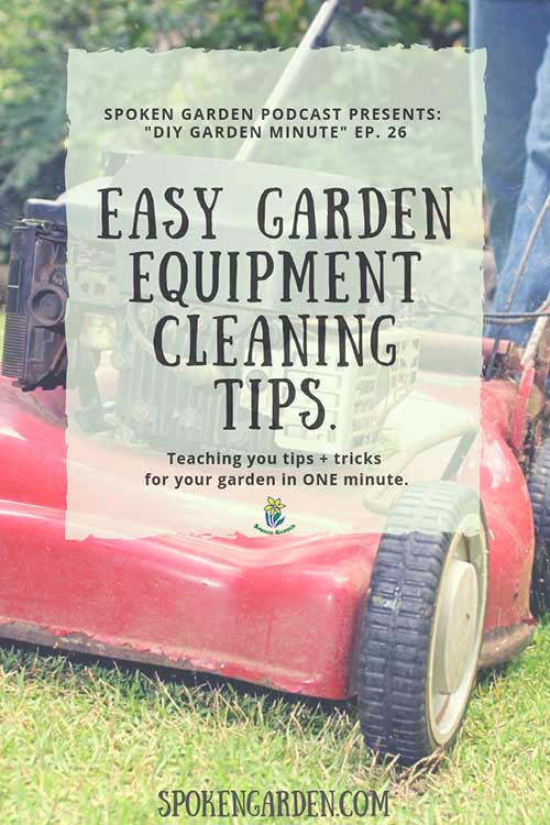 A red lawnmower shows signs of wear and use in Spoken Garden's "Easy Garden Equipment Cleaning Tips" podcast advertisement