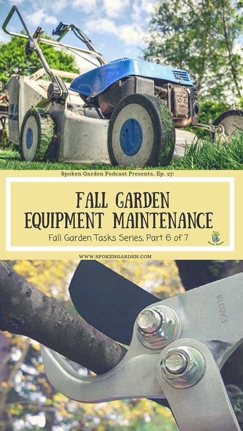 A blue lawn mower and a pair of loppers as advertised in Spoken Garden's "Fall Garden Equipment Maintenance" podcast. 