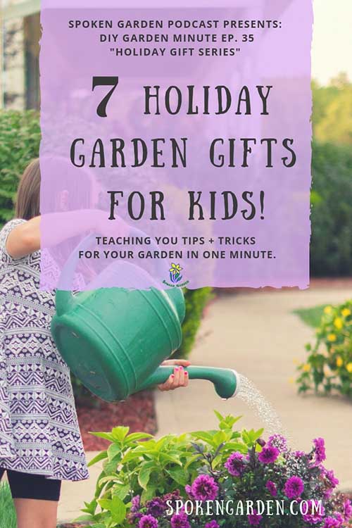 A young girl wearing a purple dress waters purple flowers using a watering can in Spoken Garden's "7 Holiday Garden Gifts For Kids" podcast advertisement. 