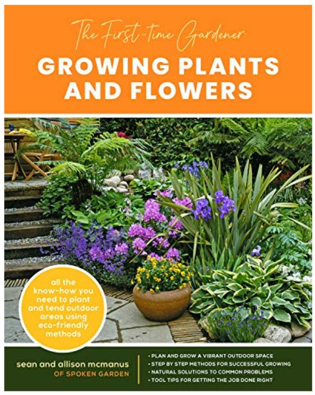 Book cover photo showing plants on patio off stairs that new gardeners can grow easily.